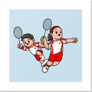 Cute Boy And Girl Playing Badminton Cartoon Posters and Art